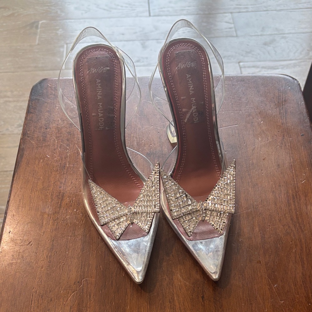 Amina Muaddi Silver and Clear Heels - Picture 12 of 17